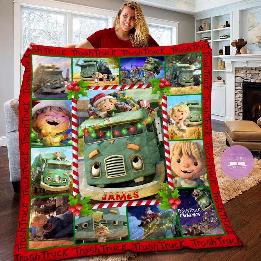 Personalized Trash Truck Christmas Theme Quilt Trash Truck Fleece Blanket A Trash Truck Christmas Quilt Blanket Christmas Gifts