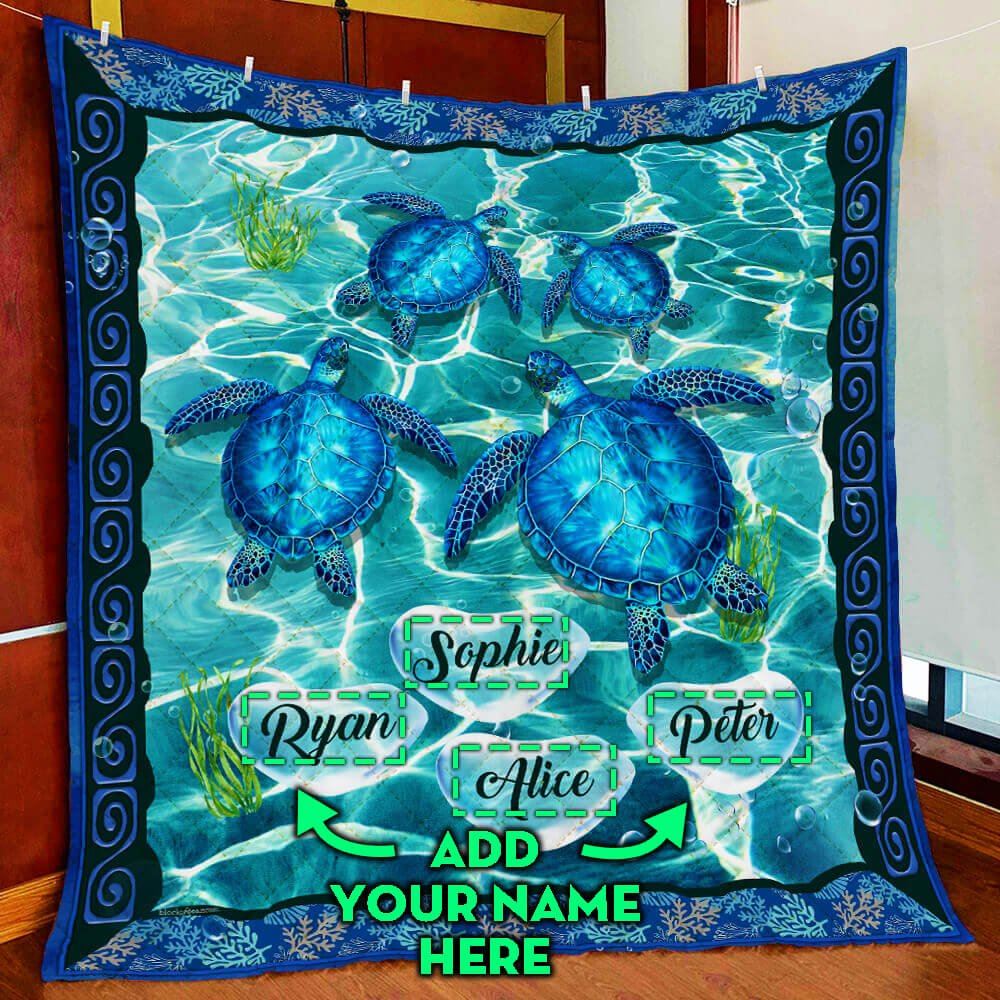 Personalized Turtle Custom Four Names Quilt Blanket