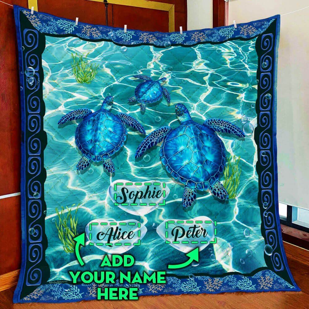 Personalized Turtle Custom Three Names Quilt Blanket