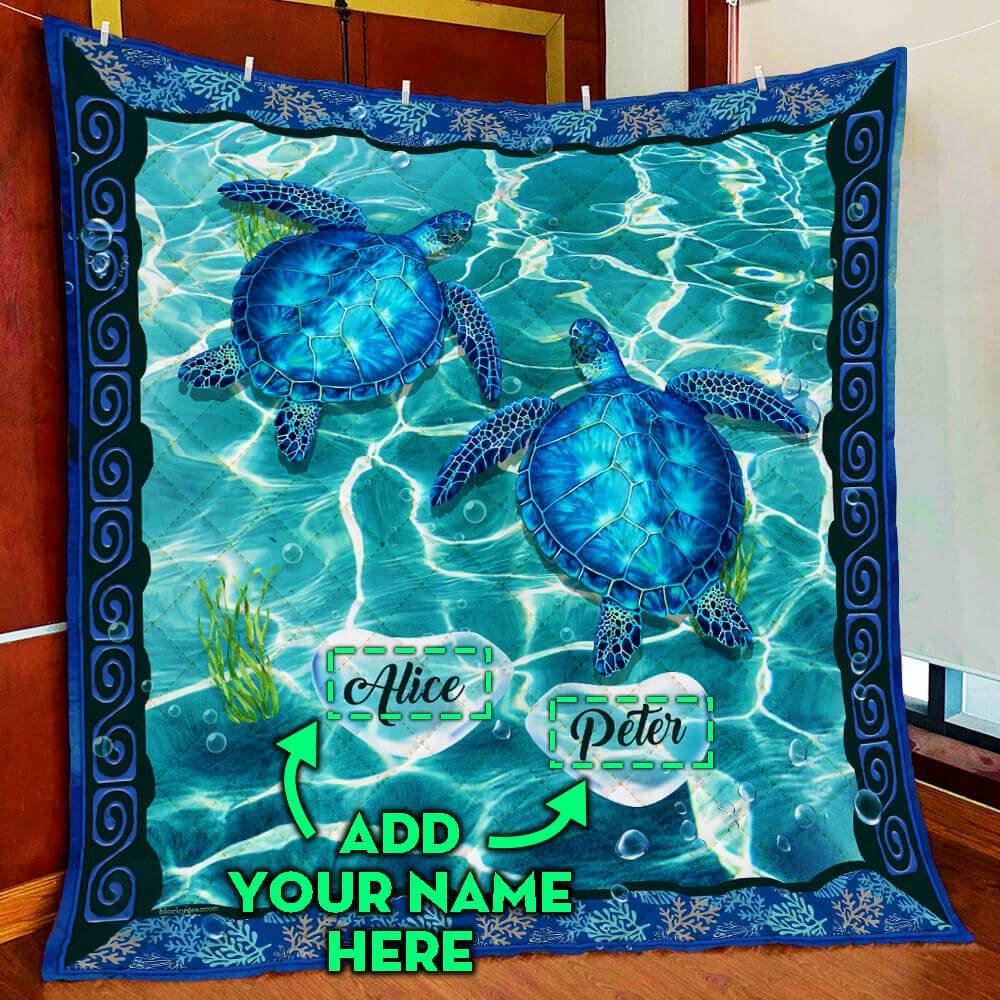 Personalized Turtle Custom Two Names Quilt Blanket