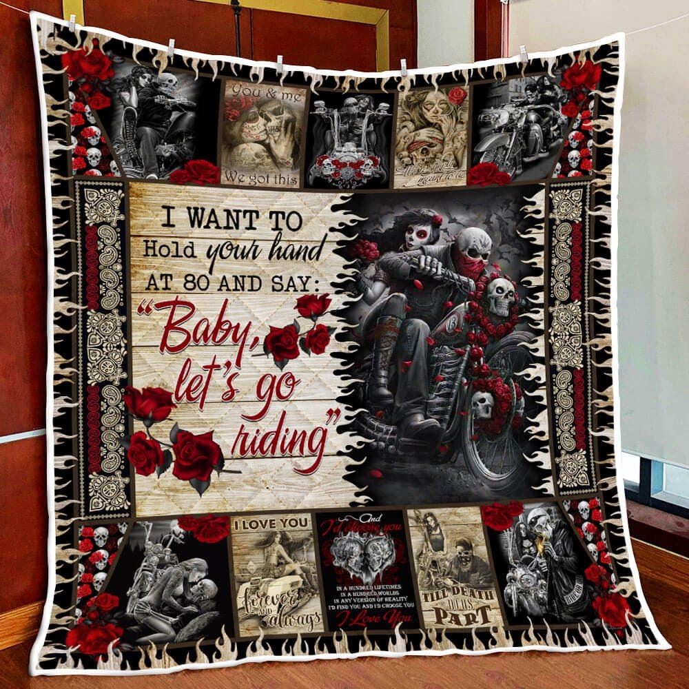 Skull Biker Couple Baby Lets Go Riding Quilt Blanket