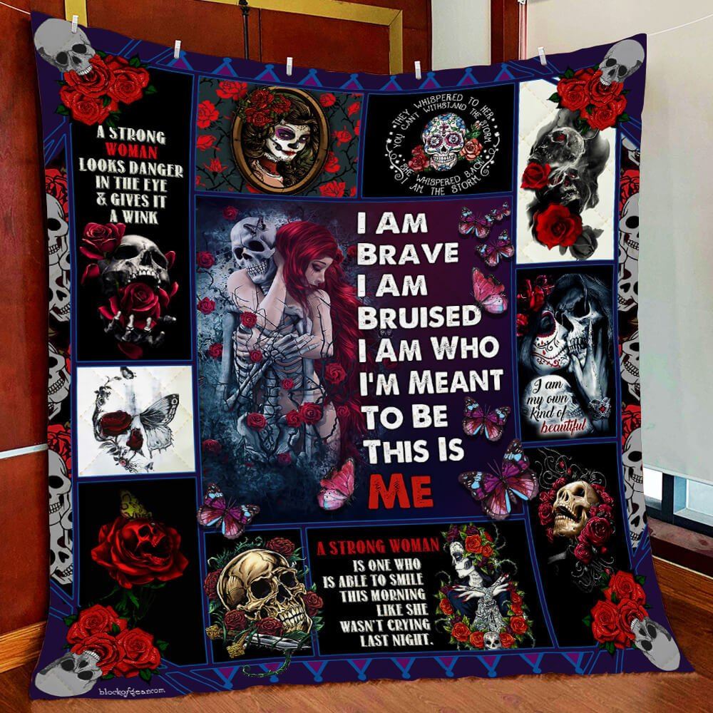 Skull Woman Drawing I Am Brave Skull Woman Quilt Blanket