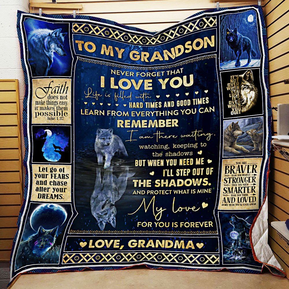 To My Grandson My Love For You Is Forever Love Grandma Wolf Quilt Blanket