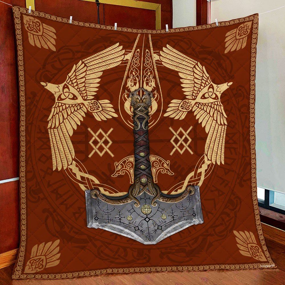 Viking Ravens Mjolnir Quilt Blanket