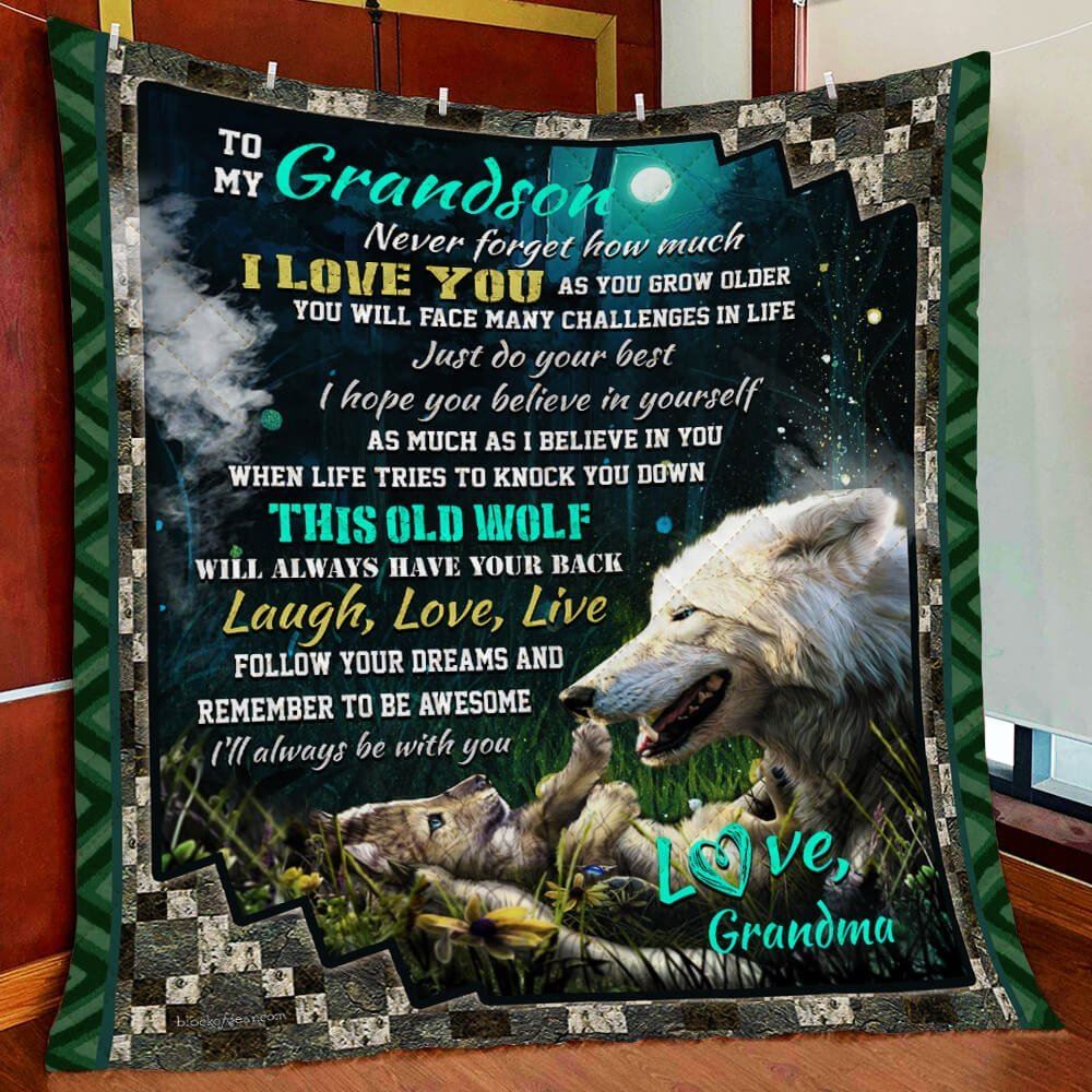 Wolf Grandson Love Grandma Quilt Blanket