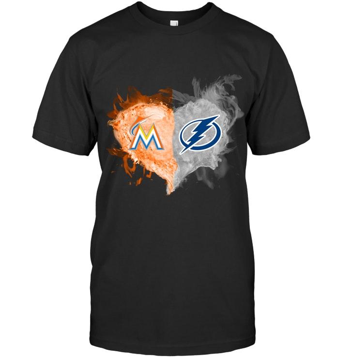 Mlb Miami Marlins And Tampa Bay Lightning Flaming Heart Fan T Shirt Long Sleeve Plus Size Up To 5xl