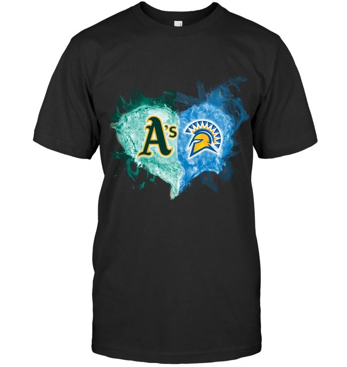 Mlb Oakland Athletics And San Jose State Spartans Flaming Heart Fan T Shirt Long Sleeve Plus Size Up To 5xl