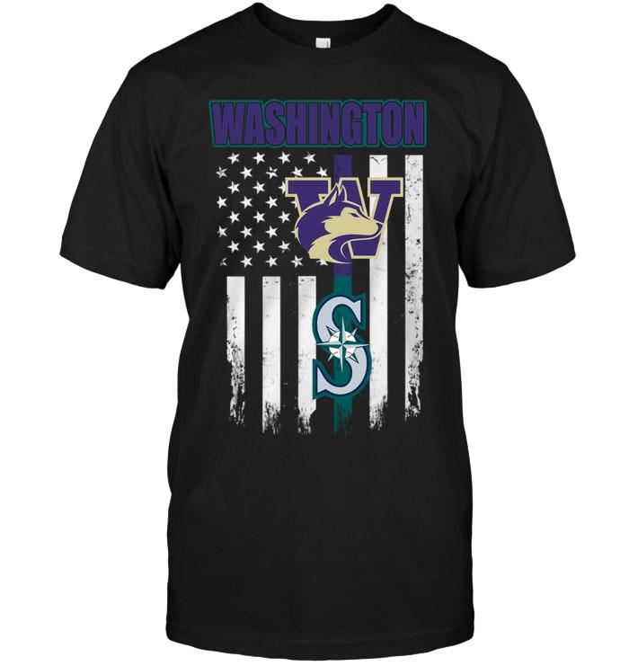 Mlb Seattle Mariners Washington Washington Huskies Seattle Mariners American Flag Shirt Tshirt Plus Size Up To 5xl