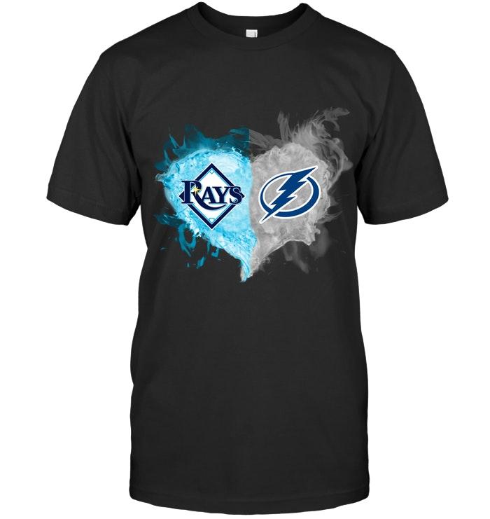 Mlb Tampa Bay Rays And Tampa Bay Lightning Flaming Heart Fan T Shirt Long Sleeve Plus Size Up To 5xl