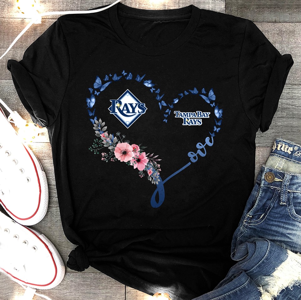 Mlb Tampa Bay Rays Butterflies Flowers Heart Shaped Mlb Fan Tshirt Size Up To 5xl