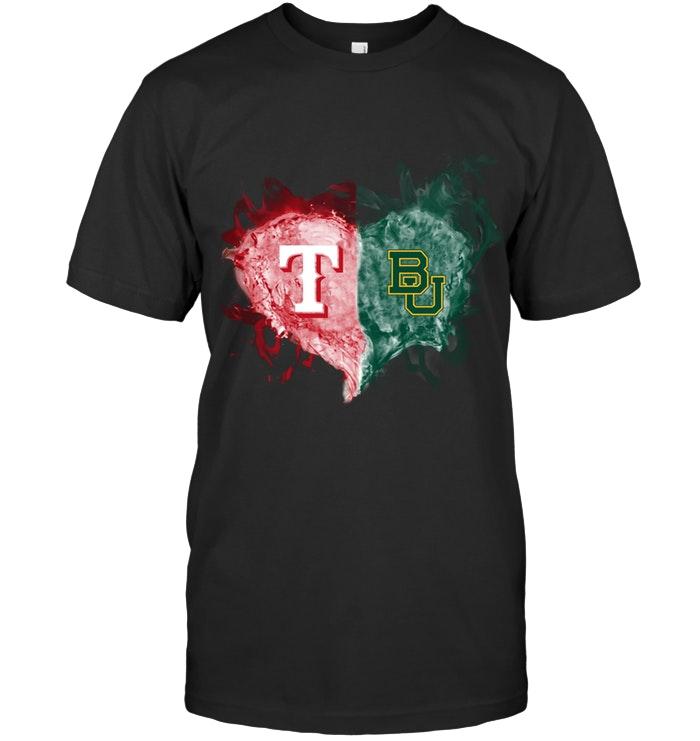 Mlb Texas Rangers And Baylor Bears Flaming Heart Fan T Shirt Plus Size Up To 5xl