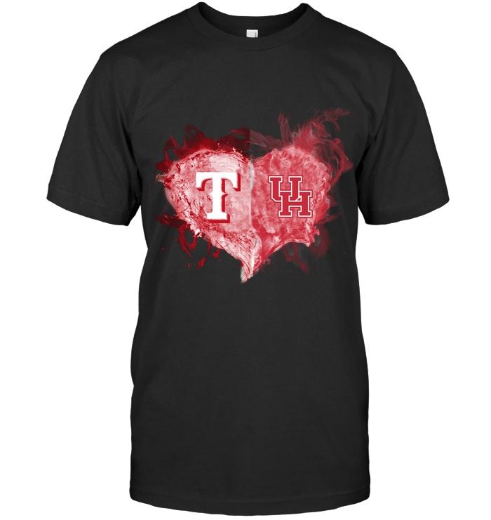 Mlb Texas Rangers And Houston Cougars Flaming Heart Fan T Shirt Plus Size Up To 5xl