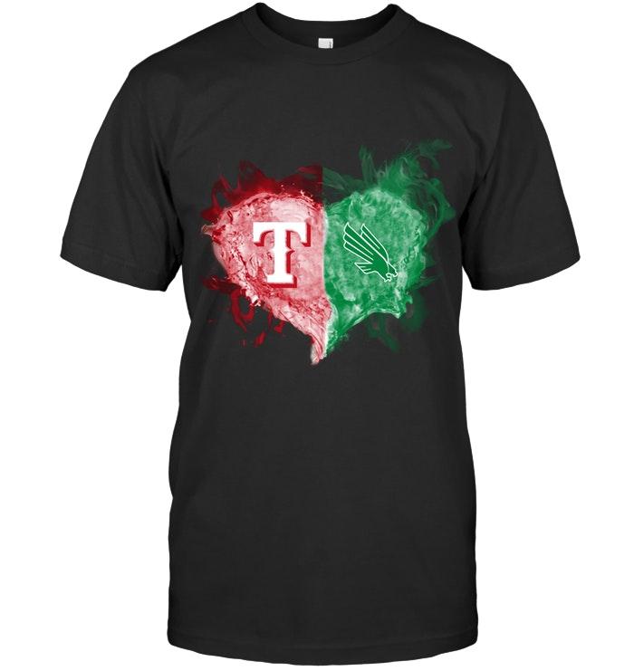 Mlb Texas Rangers And North Texas Mean Green Flaming Heart Fan T Shirt Plus Size Up To 5xl