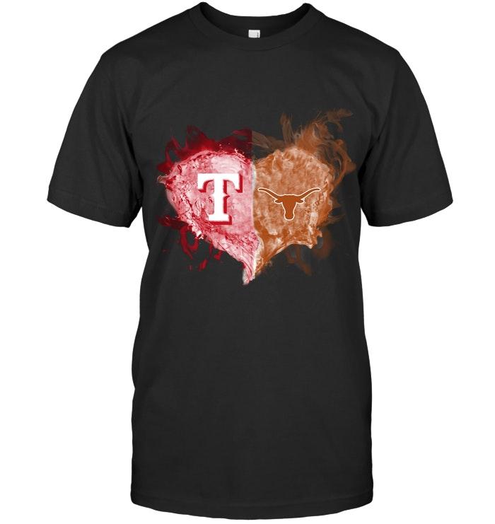 Mlb Texas Rangers And Texas Longhorns Flaming Heart Fan T Shirt Shirt Plus Size Up To 5xl