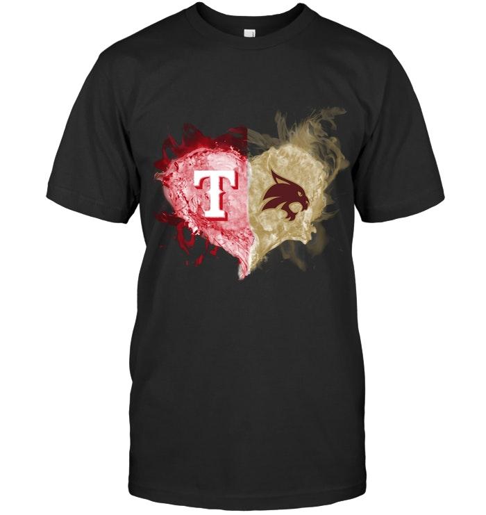 Mlb Texas Rangers And Texas State Bobcats Flaming Heart Fan T Shirt Shirt Plus Size Up To 5xl