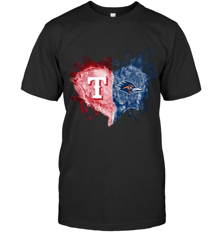 Mlb Texas Rangers And Utsa Roadrunners Flaming Heart Fan T Shirt Sweater Size Up To 5xl