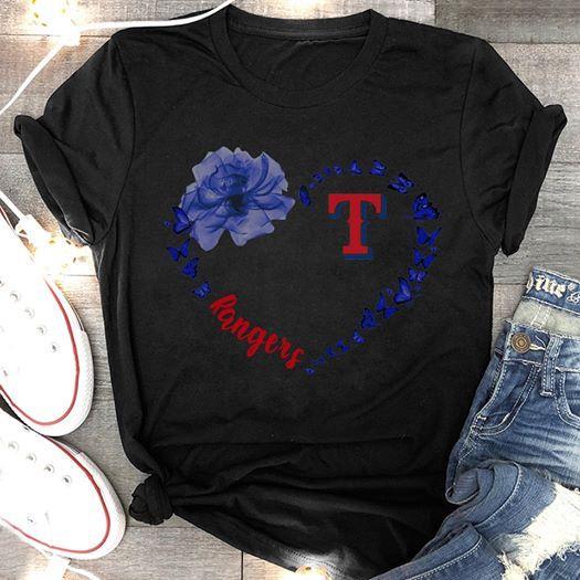 Mlb Texas Rangers Blue Heart Butterflies Rose T Shirt Long Sleeve Size Up To 5xl