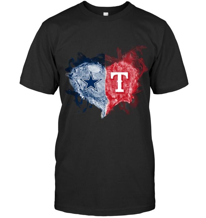 Mlb Texas Rangers Dallas Cowboys And Texas Rangers Flaming Heart Fan T Shirt Long Sleeve Size Up To 5xl