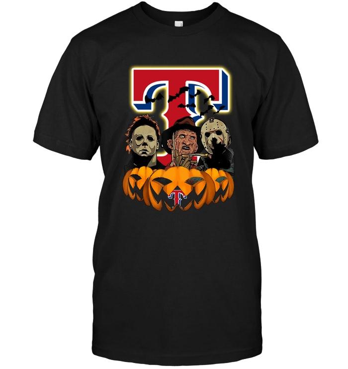 Mlb Texas Rangers Halloween Michael Myers Freddy Krueger Jason Pumpkin Shirt Long Sleeve Plus Size Up To 5xl