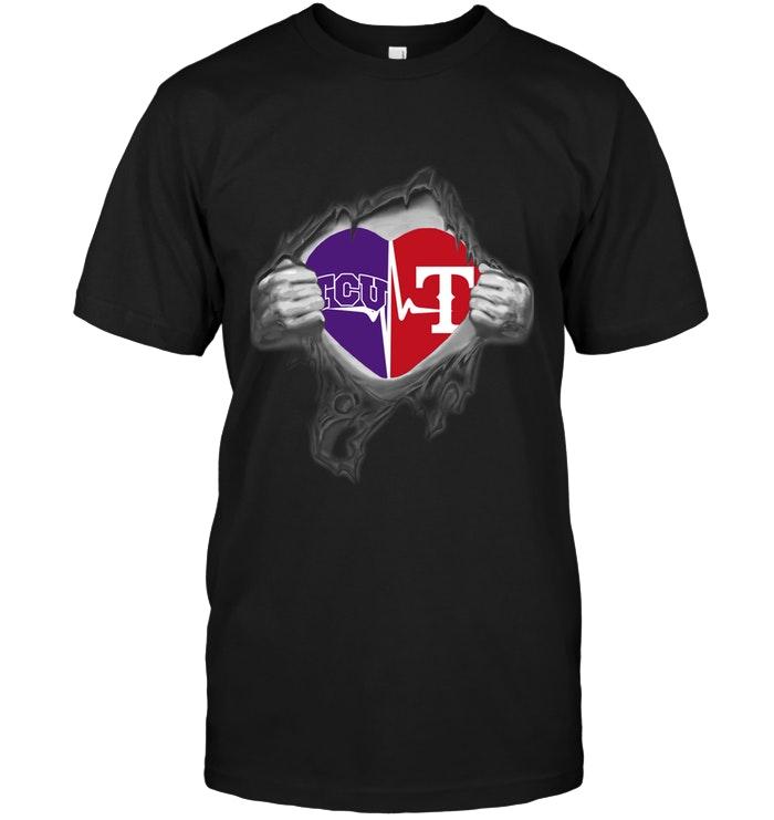 Mlb Texas Rangers Tcu Horned Frogs Texas Rangers Love Heartbeat Ripped Shirt Size Up To 5xl