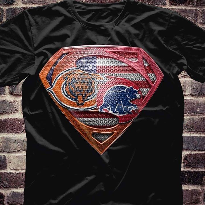 Nfl Chicago Bears And Chicago Cubs Superman American Flag Layer T Shirt Tshirt Size Up To 5xl