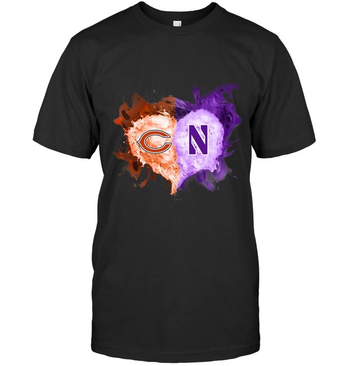 Nfl Chicago Bears And Northwestern Wildcats Flaming Heart Fan T Shirt Plus Size Up To 5xl