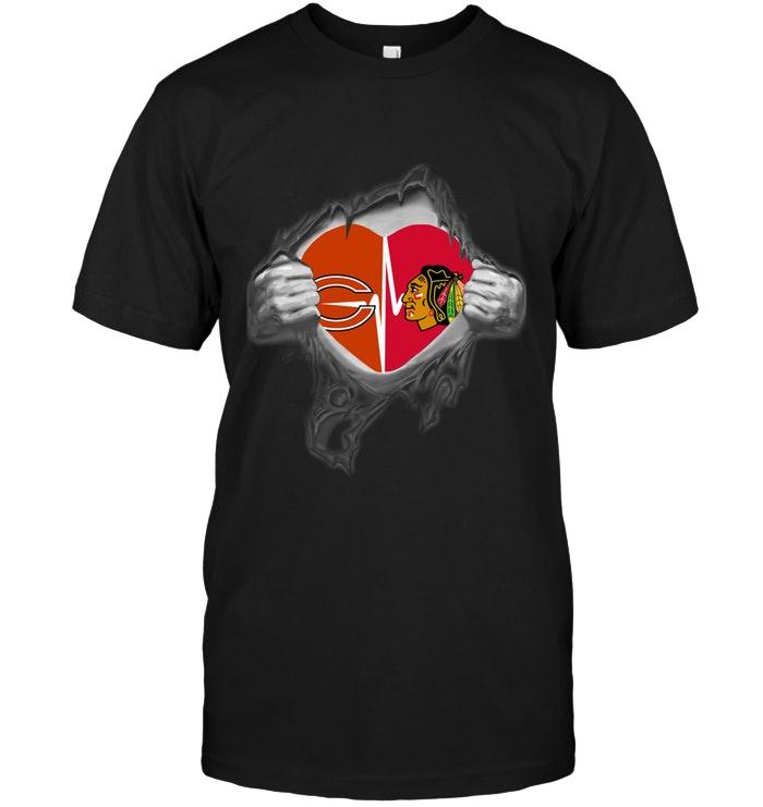 Nfl Chicago Bears Chicago Blackhawks Love Heartbeat Ripped Shirt Tshirt Plus Size Up To 5xl