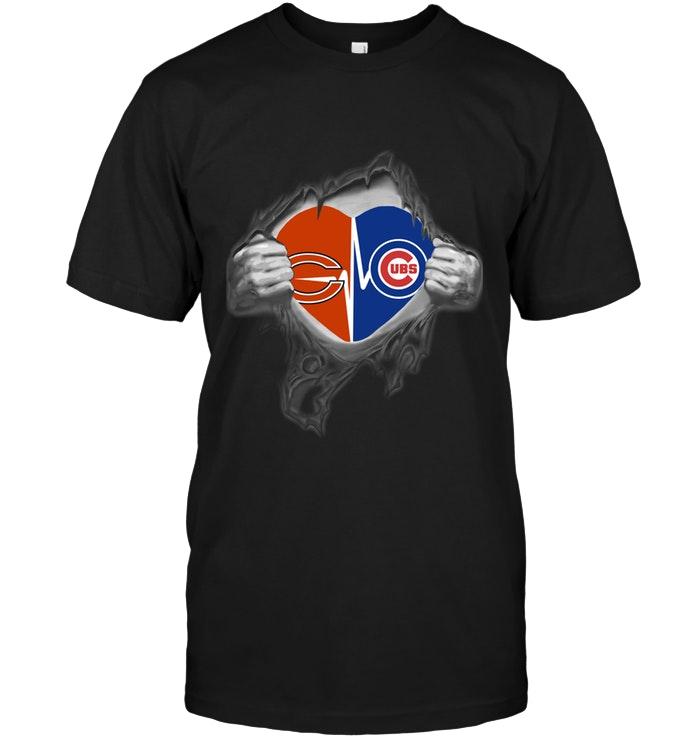 Nfl Chicago Bears Chicago Cubs Love Heartbeat Ripped Shirt Long Sleeve Plus Size Up To 5xl