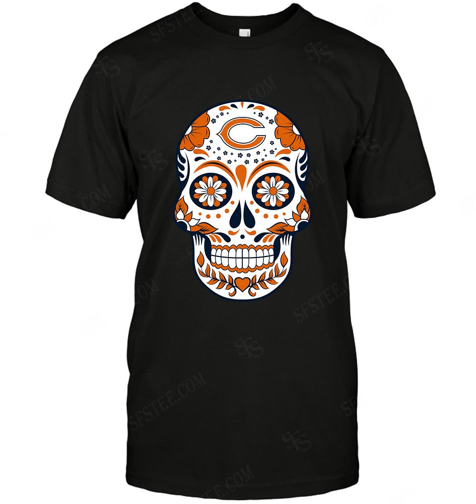 Nfl Chicago Bears Skull Rock With Flower Long Sleeve Plus Size Up To 5xl