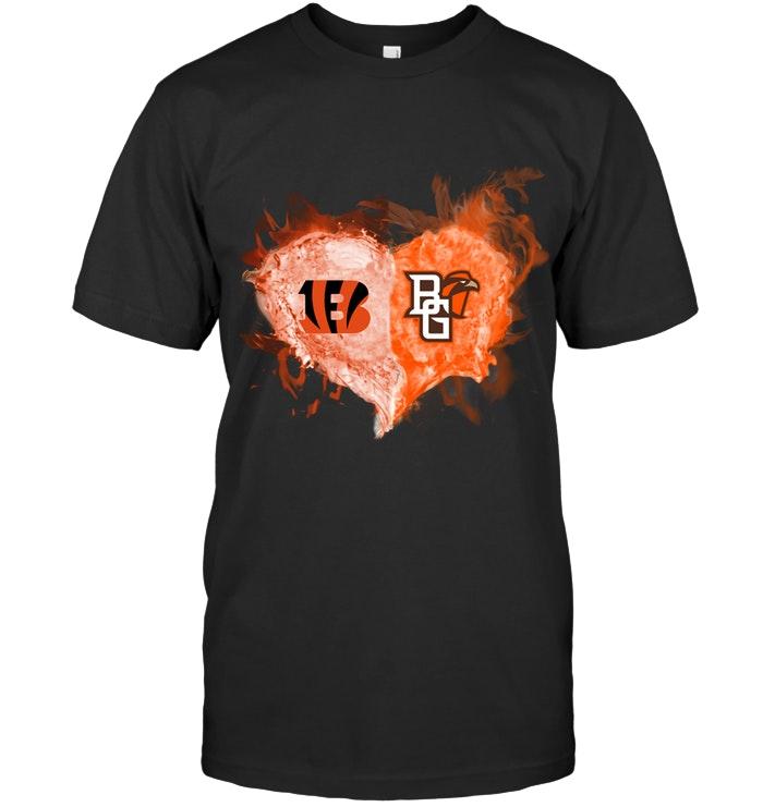 Nfl Cincinnati Bengals And Bowling Green Falcons Flaming Heart Fan T Shirt Hoodie Plus Size Up To 5xl