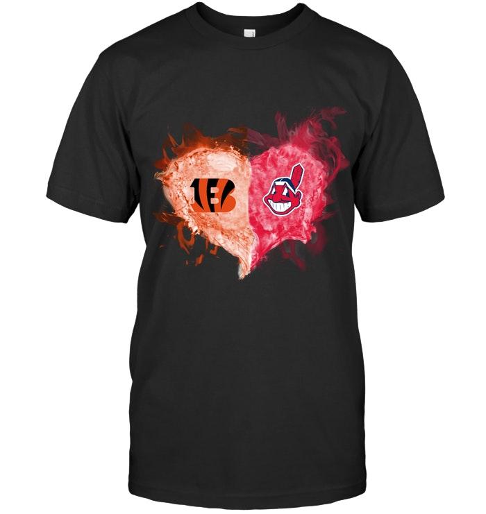 Nfl Cincinnati Bengals And Cleveland Indians Flaming Heart Fan T Shirt Tank Top Size Up To 5xl