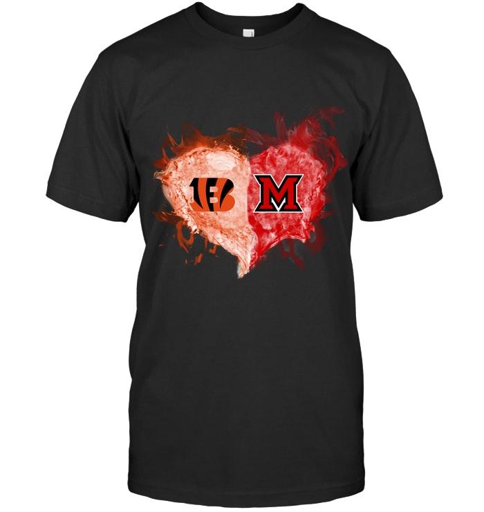 Nfl Cincinnati Bengals And Miami Redhawks Flaming Heart Fan T Shirt Plus Size Up To 5xl