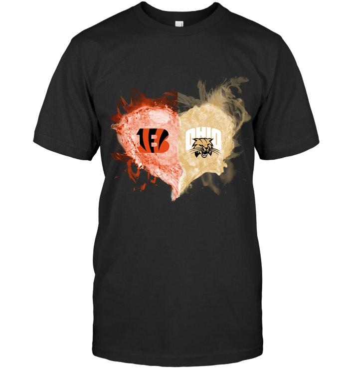 Nfl Cincinnati Bengals And Ohio Bobcats Flaming Heart Fan T Shirt Tshirt Size Up To 5xl