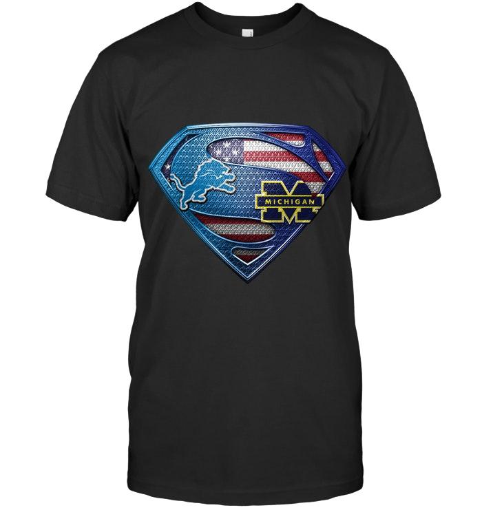 Nfl Detroit Lions And Michigan Wolverines Superman American Flag Layer Shirt Tshirt Plus Size Up To 5xl