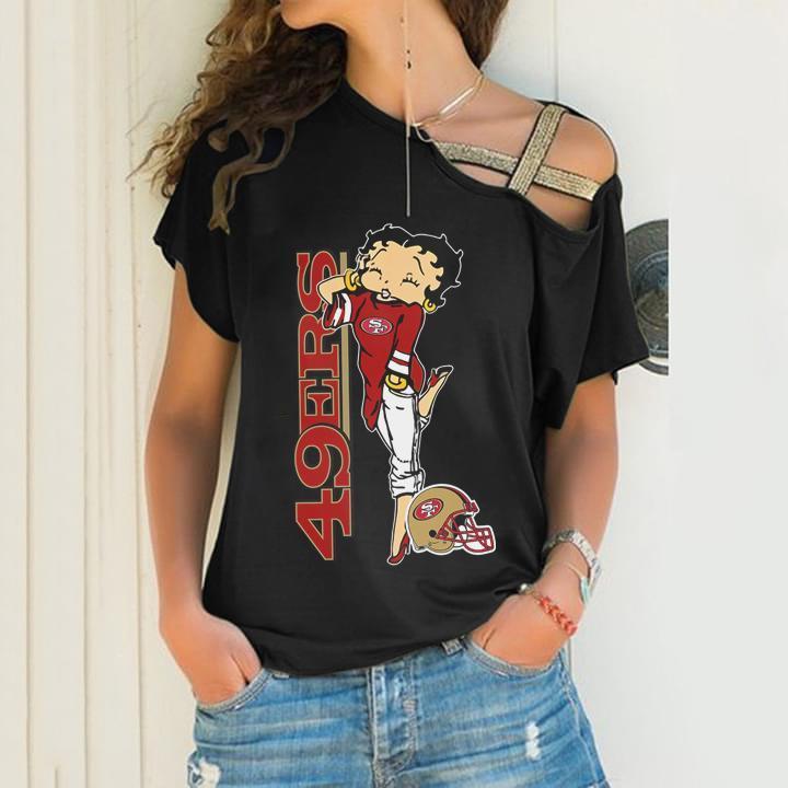 Nfl San Francisco 49ers Betty Boop Fan Cross Shoulder Shirt Cross Shoulder Shirt White Plus Size Up To 5xl