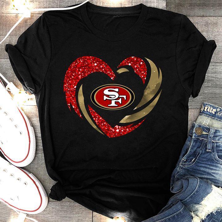 Nfl San Francisco 49ers Red Glitter Heart Shaped T Shirt White Sweater Plus Size Up To 5xl