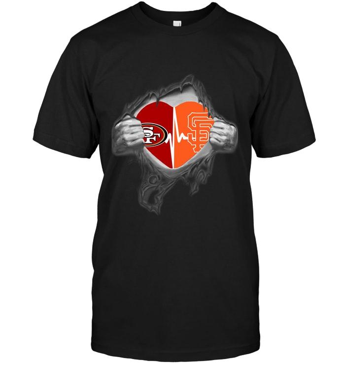 Nfl San Francisco 49ers San Francisco Giants Love Heartbeat Ripped Shirt Black Plus Size Up To 5xl