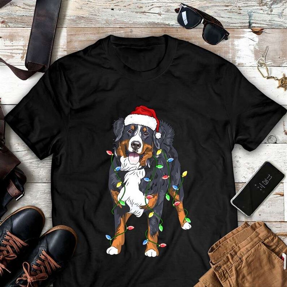 Bernese Mountain Lighting Santa Hat Merry Christmas T-shirt