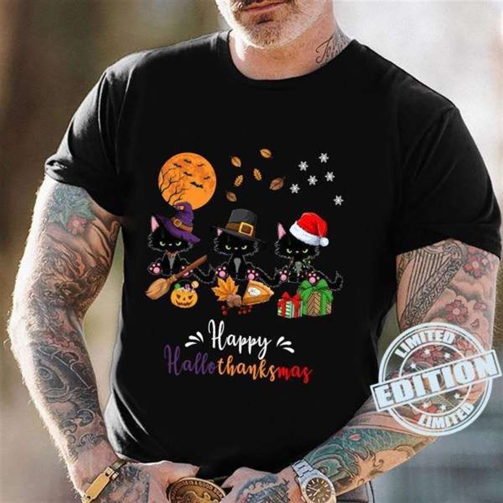 Black Cat Halloween And Merry Christmas T Shirt For Men And Women