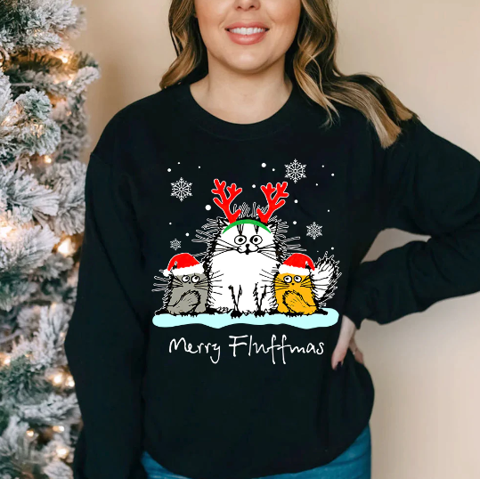 Cat Christmas Merry Xmas Dark Sweatshirt Christmas Holiday Long Sleeve Print Clothing Outfits