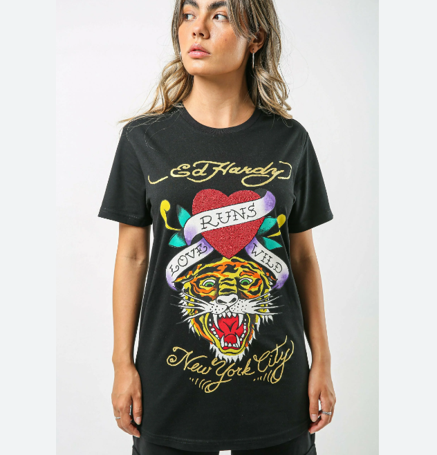 Ed Hardy Wild Love T Shirt Ladies Print T Shirt Black