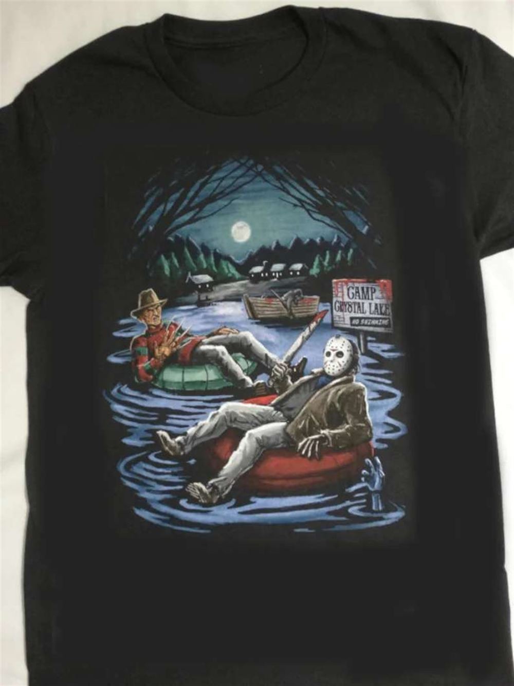 Freddy Krueger And Jason Voorhees In Inner Tube Camp Crystal Lake Horror T Shirt