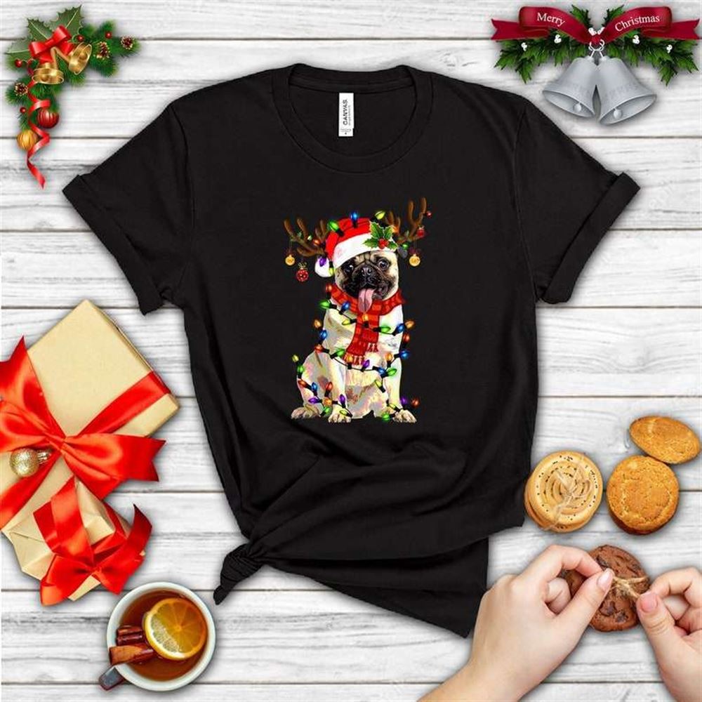 Funny Pug Dog Christmas Tee Reindeer Christmas Lights Pajama Gifts Unisex T-shirt