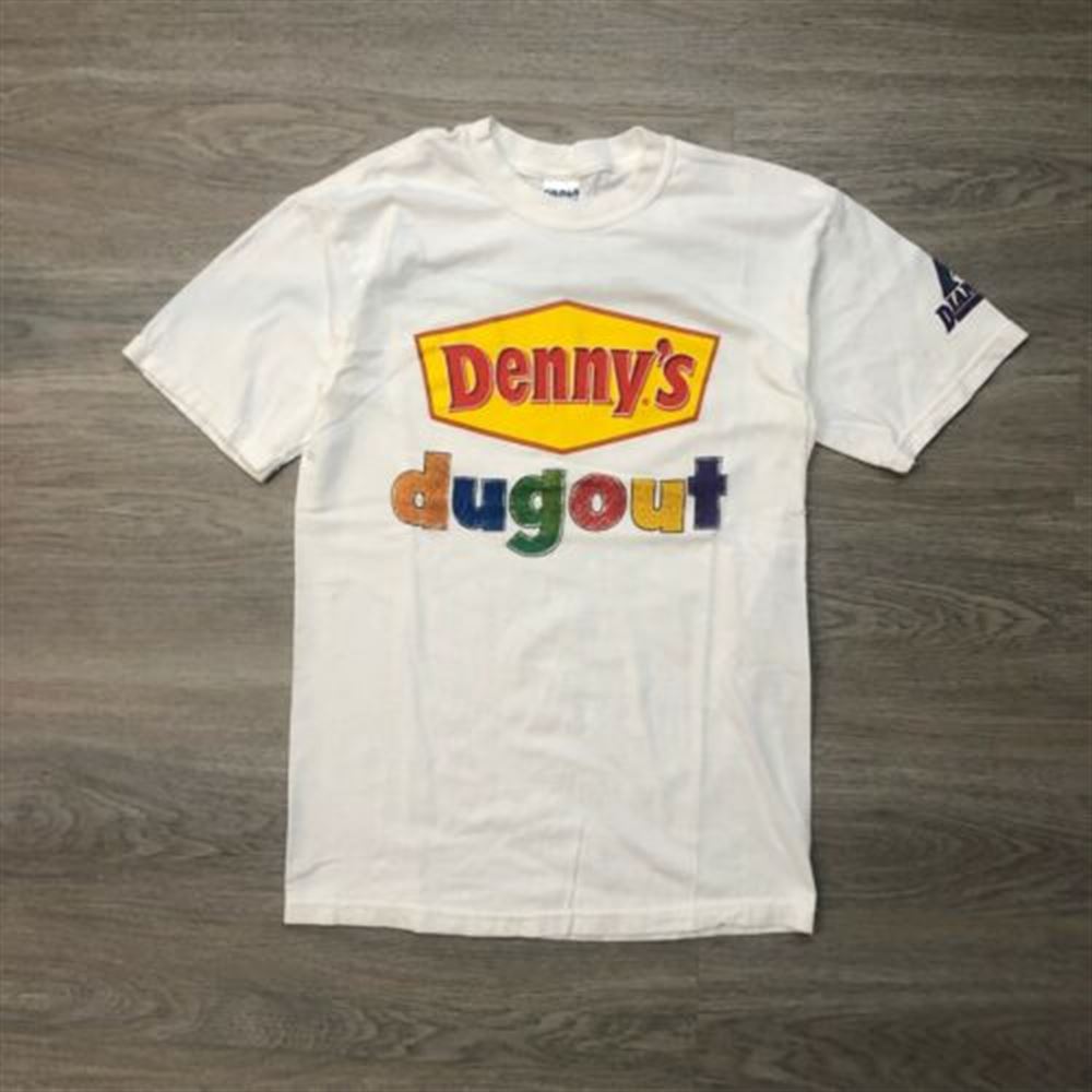 Vintage Dennys Shirt Mens Small White 90s Short Sleeve Dugout Gildan