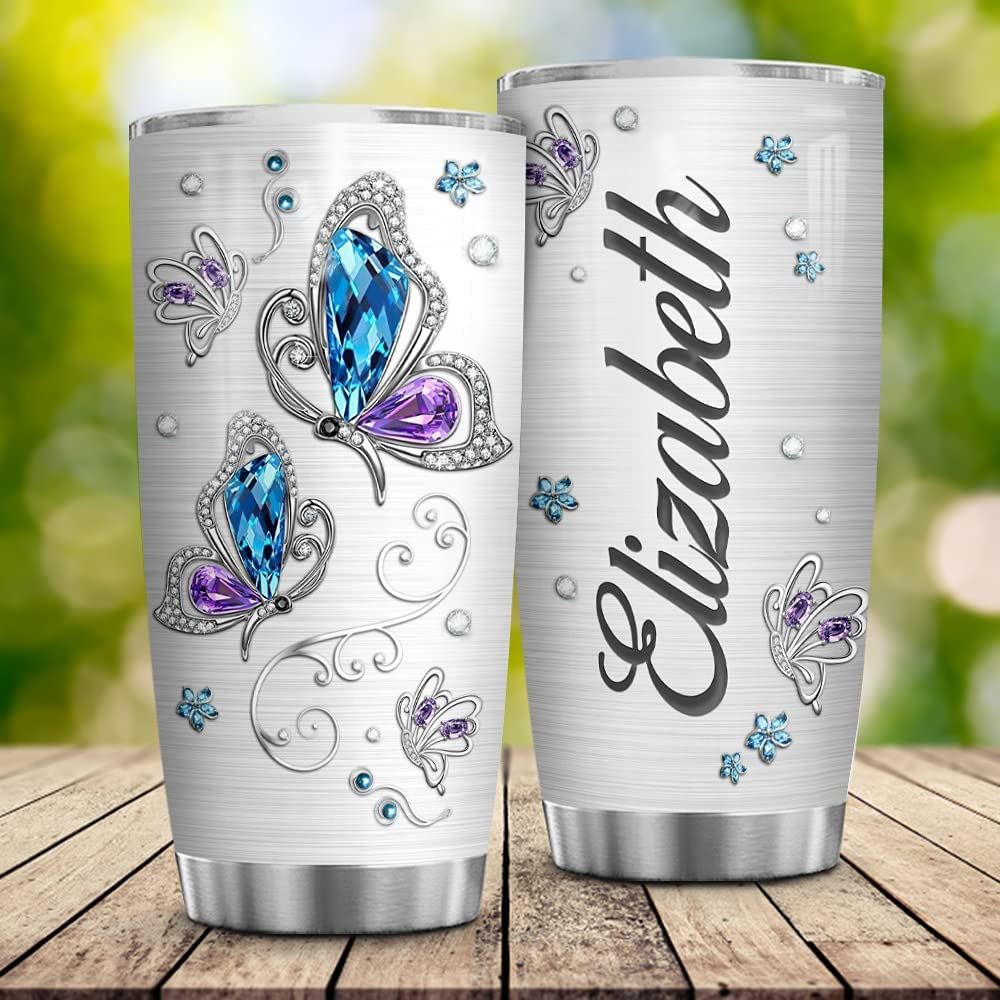 20 Oz Tumbler Personalized Butterfly Stainless Steel Vacuum Insulated Tumbler With Lid - Custom Name