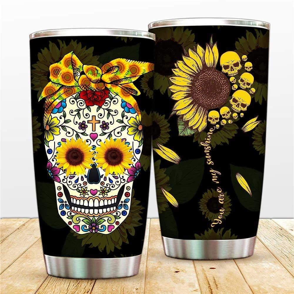 20 Oz Tumbler Sugar Skull Tumbler 20oz Stainless Steel Sunflower Skeleton Mug Vacuum Insulated Bottl