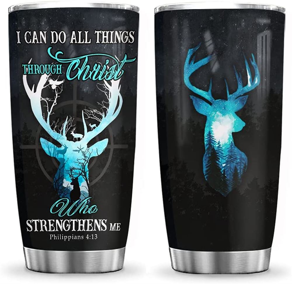 20oz Deer Hunting God Strengthen Deer Lovers Deer Inspiration Tumbler Cup With Lid Double Wall Vacuu