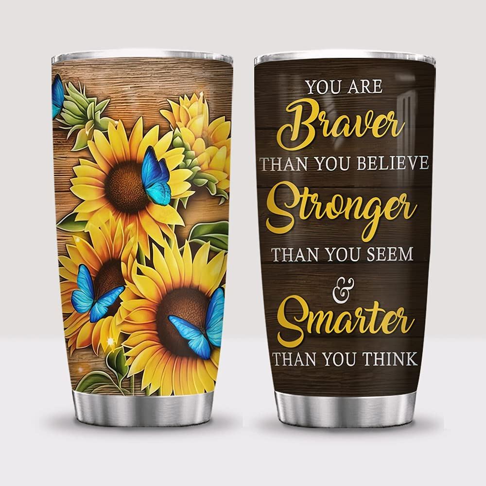 20oz Faith Sunflower Butterflies Gift For Sunflower Butterflies Lovers Tumbler Cup With Lid Double W