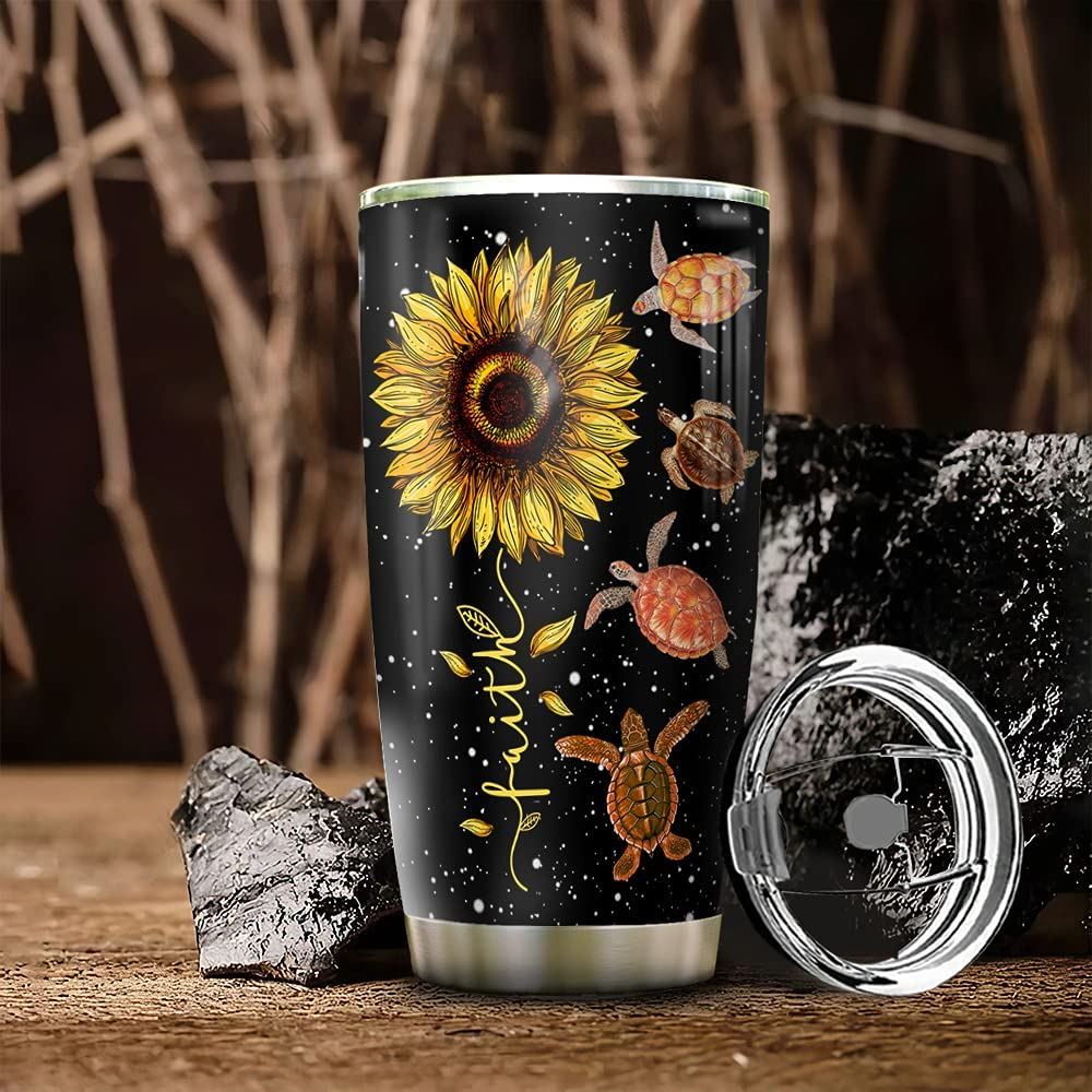 20oz Faith Sunflower Ocean Sea Turtle Inspiration Motivation Tumbler Cup With Lid Double Wall Vacuum