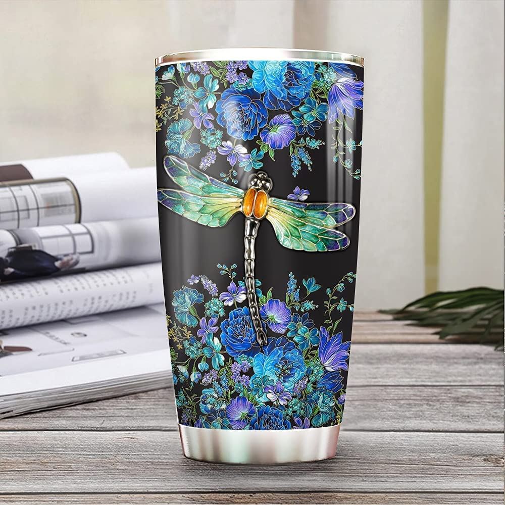 20oz Printed Colorful Flower Dragonfly Inspiration Motivation Memory Dragonfly Lover Tumbler Cup Wit